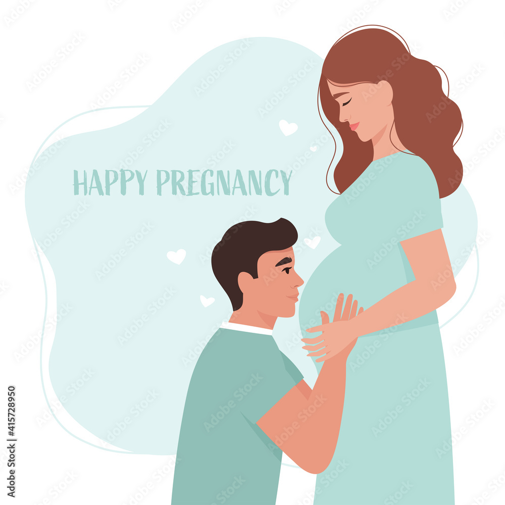Young male kissing his pregnant wife's belly. Happy pregnancy concept. Vector illustration flat style Young male kissing his pregnant wife's belly. Happy pregnancy concept. Vector illustration flat style