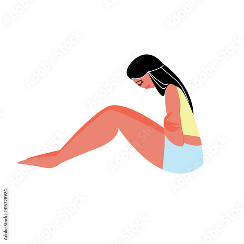 Women's abdominal pain in PMS. Vector hand-drawn illustration of a sad girl, hormonal failure. The concept of women's health and healthcare. Feminine design. Premenstrual syndrome.