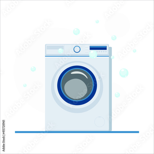 Washing machine with bubbles. Flat style vector illustration	