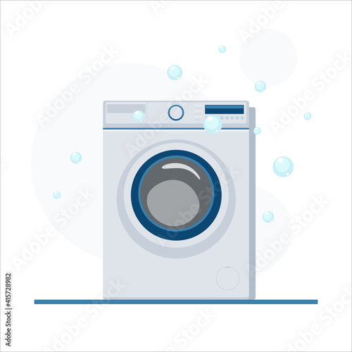 Washing machine with bubbles. Flat style  illustration.