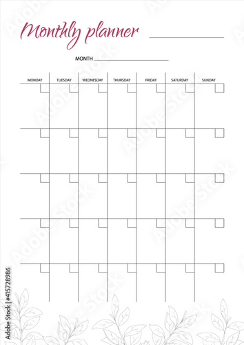 White monthly planner with minimalistic leaf design