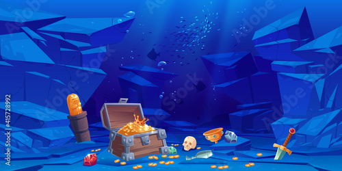 Treasure on sea bottom, chest with golden coins and crown, crystal gems, sword, gold idol and goblet with precious rocks, ancient pirate or fantasy sunken wealth in ocean, Cartoon vector illustration