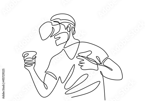 Continuous line drawing of man in VR glasses, holding motion controller. A male playing virtual games hand drawn line art doodle minimalist design. Technology, device, gaming, future, visual theme