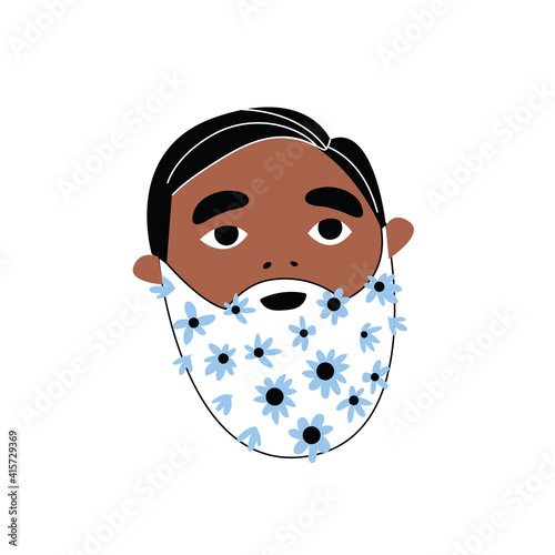 Cartoon gray haired guy with a beard and blue flowers. A bearded hipster with flowering plants. Spring flowers. Vector hand-drawn illustration on an isolated white background. Cute graphic design.