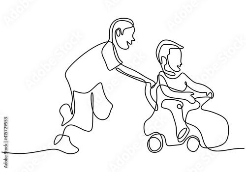 One continuous drawn line of a son teaches his little brother to ride a bicycle. Two boy playing a bicycle at the field isolated on white background. Happy brotherhood concept. Vector illustration