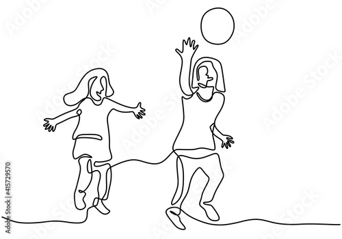 Two daughter playing together continuous one line art hand drawn minimalism design. Happy little girls playing ball in the beach for holiday. Children games concept. Vector illustration