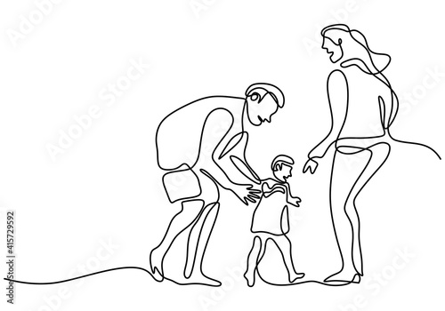 Continuous one line drawing of happy family father, mother and their child playing together at home field isolated on white background. Happy family parenting concept. Vector illustration