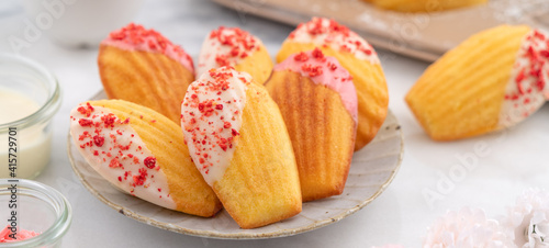 Foto Delicious homemade chocolate dipped madeleine on white table background