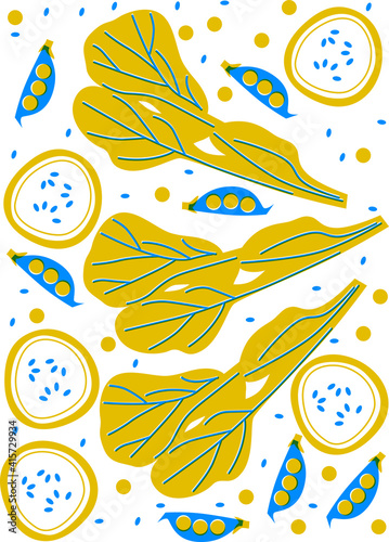 Veggies abstract flat cartoon vector. Spinach, cucumber, peas isolated. Vegetarian and raw food diet concept. Healthy organic farm food. Vegetables for print or web design. Fresh cooking ingredients. 