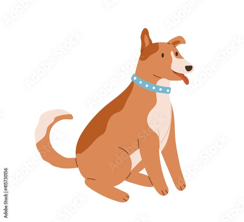 Happy friendly dog sitting with tongue out and wagging tail. Cute brown puppy with collar on neck. Colored flat vector illustration isolated on white background