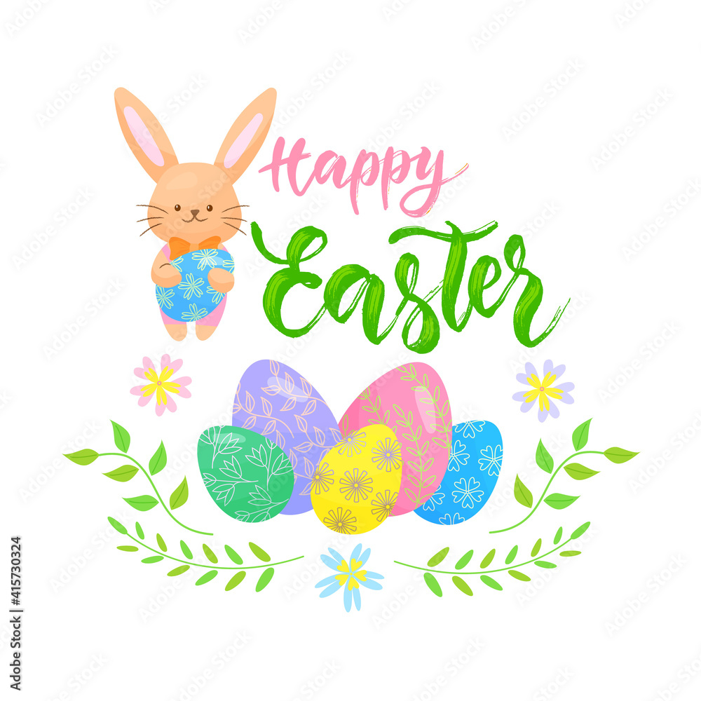 Happy Easter lettering poster decorated with eggs, bunny, flowers. Vector isolated colorful illustration in flat style. Happy Easter lettering poster decorated with eggs, bunny, flowers. Vector isolated colorful illustration in flat style.