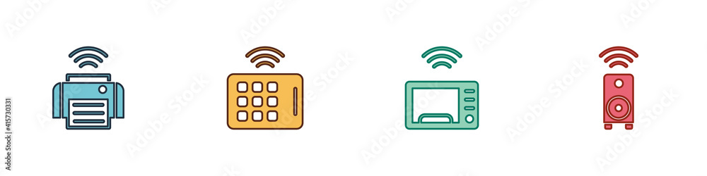 Set Smart printer, Wireless tablet, microwave oven and stereo speaker icon. Vector. Set Smart printer, Wireless tablet, microwave oven and stereo speaker icon. Vector.