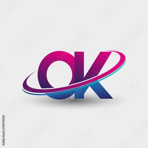 OK initial logo company name colored blue and magenta swoosh design, isolated on white background. vector logo for business and company identity.