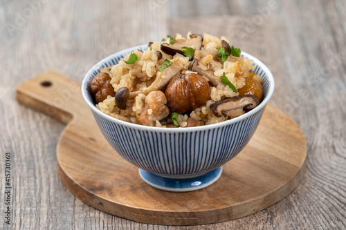 Fotografie Delicious Japanese chestnut and chicken with shimeji seasoned mixed rice (takikomi gohan)