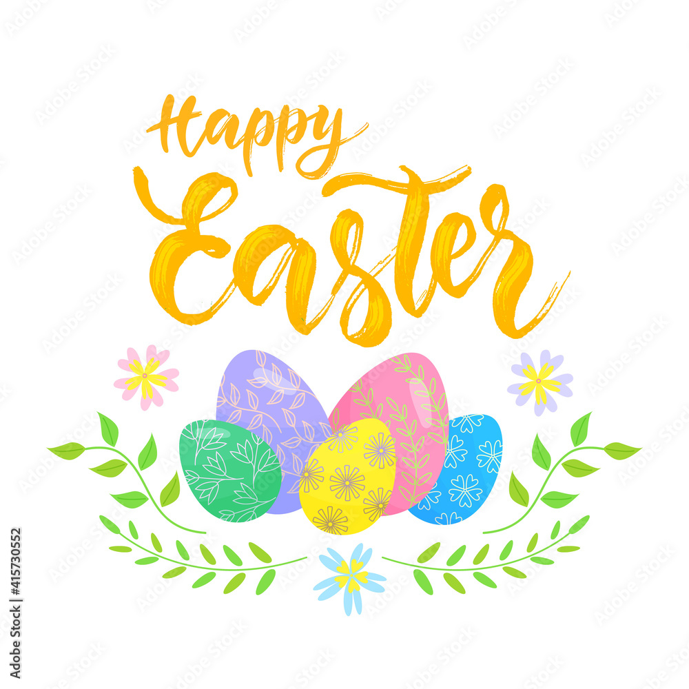 Happy Easter lettering design with eggs, lowers. Vector isolated colorful illustration in flat style. Happy Easter lettering design with eggs, lowers. Vector isolated colorful illustration in flat style.