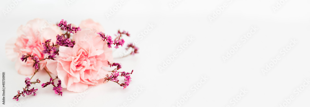 White banner with pink color carnation bouquet and copy space, empty text place. Festive postcard. Gift certificate. Business card or flower shop advertising. Online delivery service. Mockup design White banner with pink color carnation bouquet and copy space, empty text place. Festive postcard. Gift certificate. Business card or flower shop advertising. Online delivery service. Mockup design
