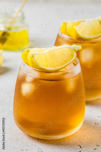 Honey lemon iced tea. Space for text.