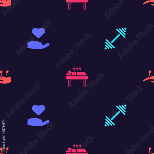 Set Dumbbell, Heart in hand, Acupuncture therapy and on seamless pattern. Vector.