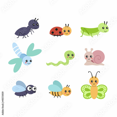 A set with cute insects for a children's book. Small characters with big eyes. Vector illustration in the cartoon style. © Полина Екимова