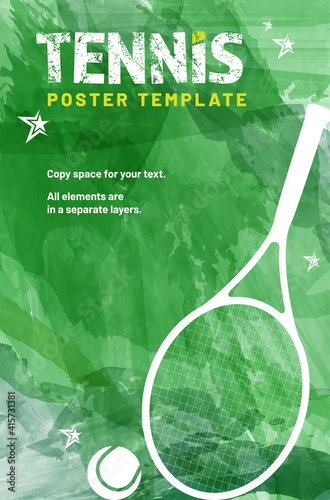Abstract green watercolor splashes background with tennis equipment silhouettes