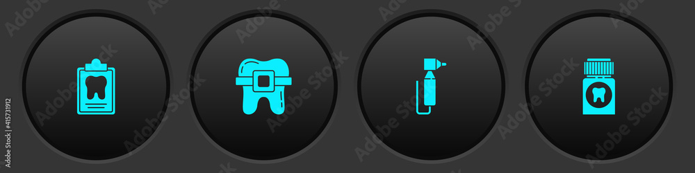Set Dental card, Teeth with braces, Tooth drill and Painkiller tablet icon. Vector. Set Dental card, Teeth with braces, Tooth drill and Painkiller tablet icon. Vector.