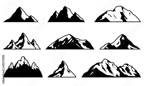 Mountain silhouette set. Rocky mountains icon or logo collection. Vector illustration.
