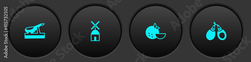 Set Spanish jamon, Windmill, Orange fruit and Castanets icon. Vector.