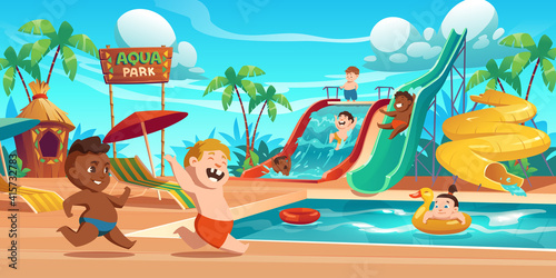 Kids in aquapark, amusement aqua park with water attractions, boys riding slide, girl swimming in pool on inflatable ring, outdoor playground for children entertainment, Cartoon vector illustration