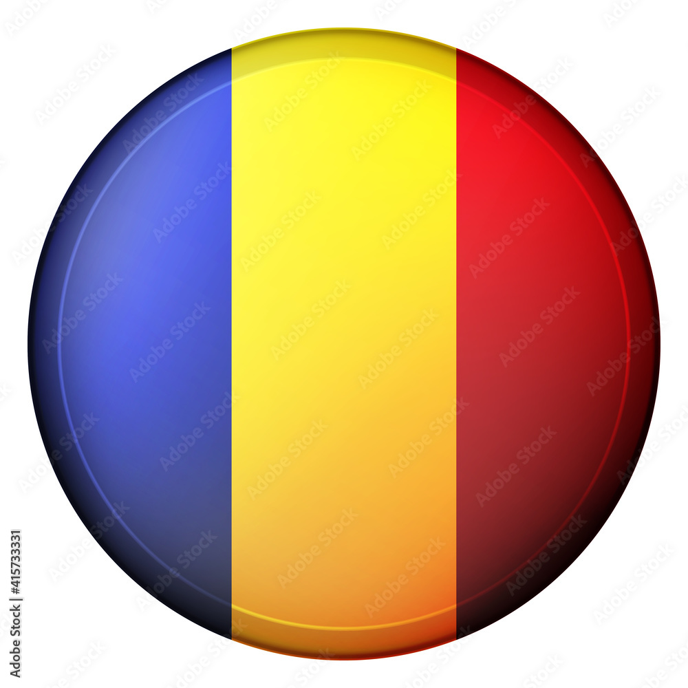 Glass light ball with flag of Romania. Round sphere, template icon. Romanian national symbol. Glossy realistic ball, 3D abstract vector illustration highlighted on a white background. Big bubble.