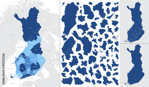 Detailed, vector, blue map of Finland with administrative divisions into regions country photo