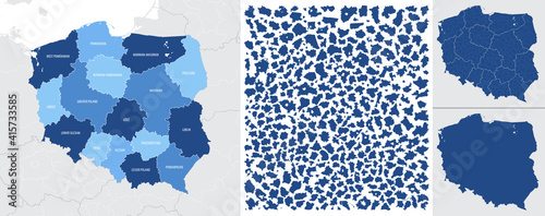 Detailed, vector, blue map of Poland with administrative divisions into regions country