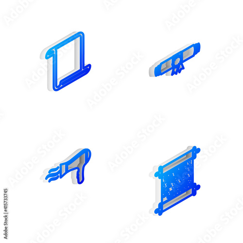 Set Isometric line Diploma rolled scroll, Paper, Hair dryer and icon. Vector.