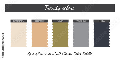 Classic neutral colors palette. Spring-Summer 2021. Fabric pieces. Isolated white background. Vector.