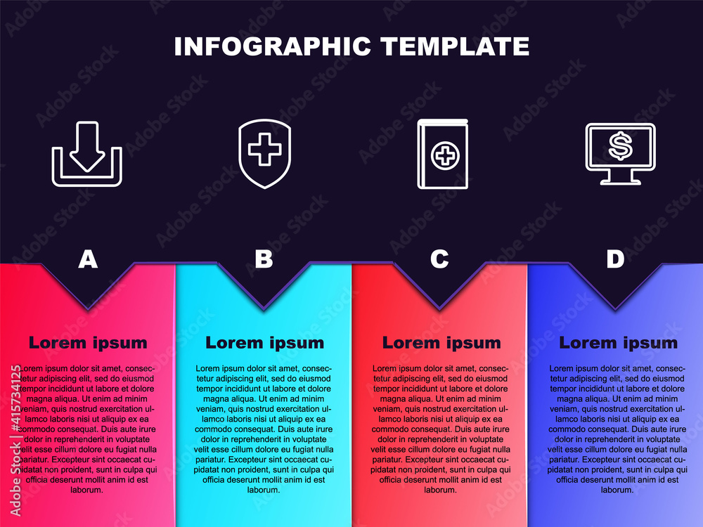 Set line Download, Medical shield with cross, book and Monitor dollar. Business infographic template. Vector. Set line Download, Medical shield with cross, book and Monitor dollar. Business infographic template. Vector.