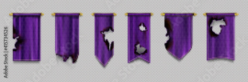 Old burn pennant flags mockup, purple blank hanging banners with gold border and burnt black holes. Medieval heraldic ensign templates. Realistic 3d vector icons set isolated on transparent background