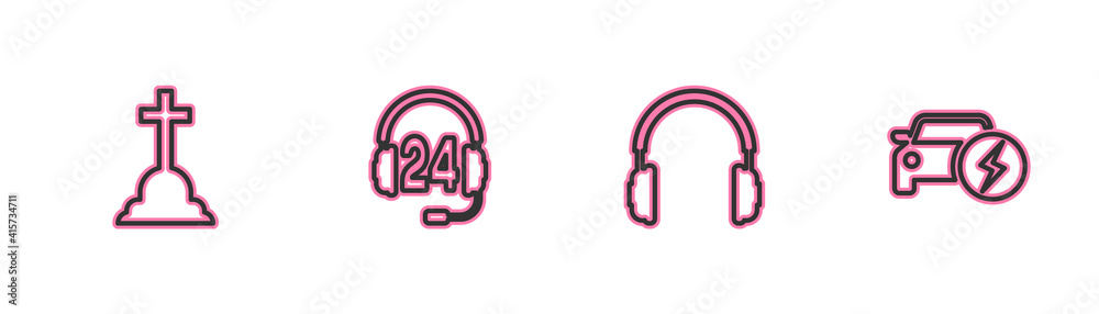 Set line Tombstone with cross, Headphones, for support and Electric car icon. Vector. Set line Tombstone with cross, Headphones, for support and Electric car icon. Vector.