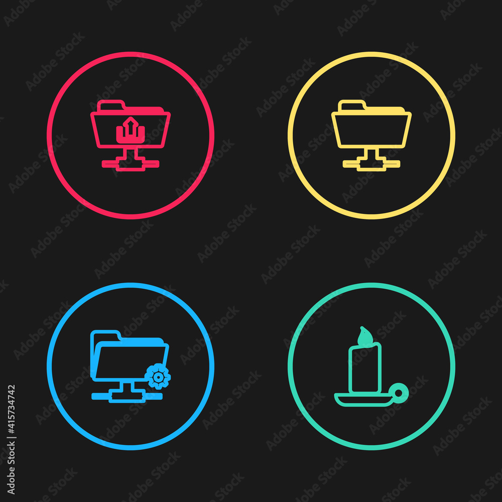 Set line FTP settings folder, Burning candle candlestick, and upload icon. Vector. Set line FTP settings folder, Burning candle candlestick, and upload icon. Vector.