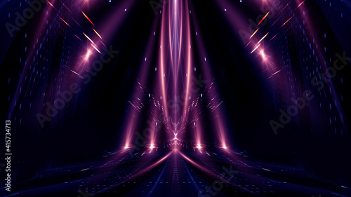 Abstract modern purple neon background. Futuristic rays and moon. Dark LED stage with geometric patterns. Symmetrical reflection  noeon light. 3D illustration. 