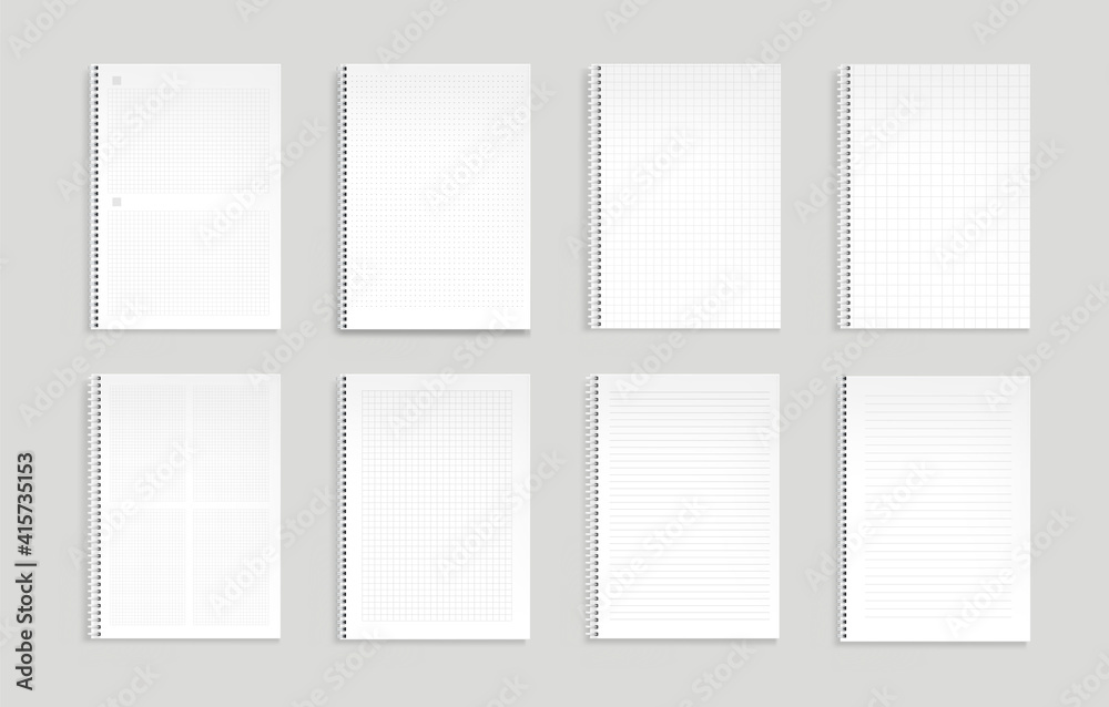 Notebooks with lines, dots and square grid. Vector realistic mockup of notepads with spiral wire binders and lined pattern paper. Template of empty paper sheets on springs isolated on gray background