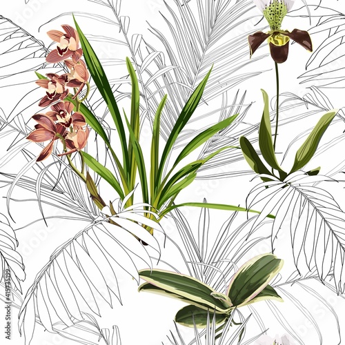 Tropical plants, exotic orchid flowers and leaves. Seamless tropical pattern, vintage background. Backdrop with palm  line leaves and flowers.