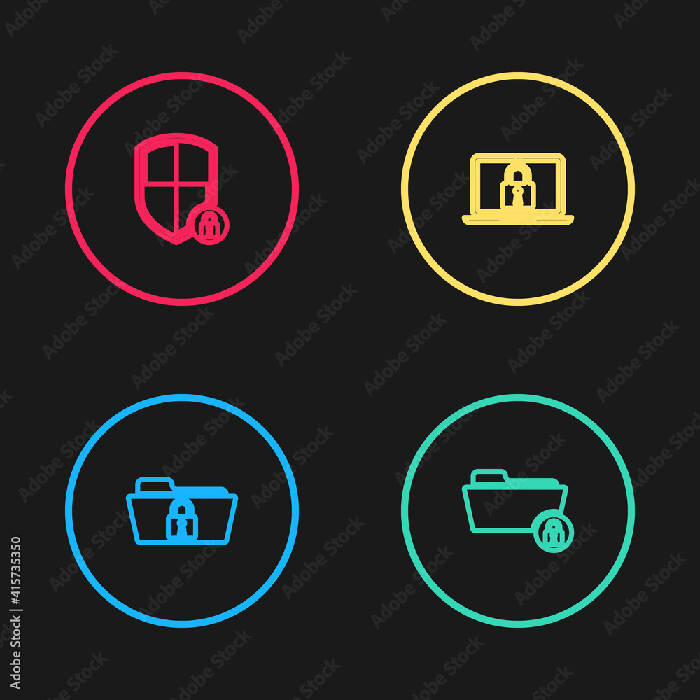 Set line Folder and lock, , Laptop and Shield security with icon. Vector. Set line Folder and lock, , Laptop and Shield security with icon. Vector.