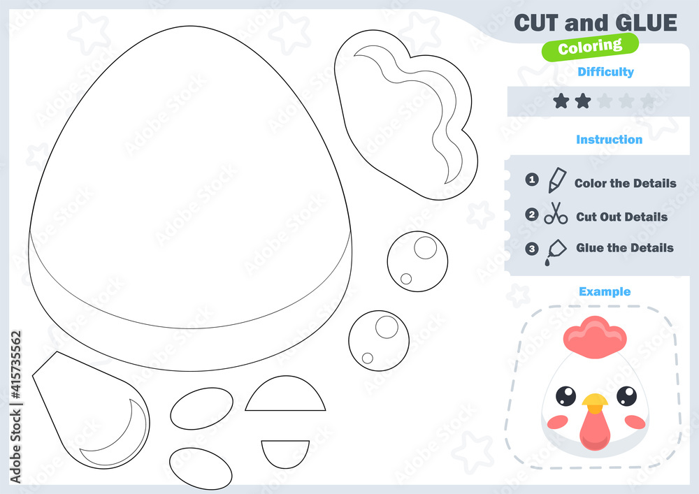 Cartoon chicken. Education paper game for preshool children. Cut parts of the image and glue on the paper. Vector illustration. Cut and Glue Game. Cartoon chicken. Education paper game for preshool children. Cut parts of the image and glue on the paper. Vector illustration. Cut and Glue Game.