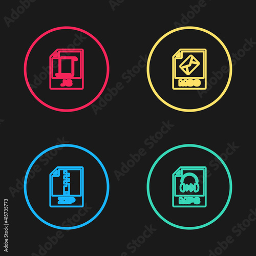 Set line ZIP file document, MP3, MSG and JS icon. Vector.