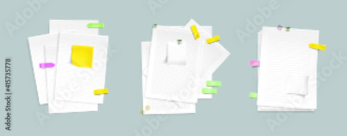 Paper sheet stacks with sticky notes and clips. Vector realistic mockup of notebook pages with pattern of lines, dots and square grid, color memo stickers and paperclips isolated on gray background