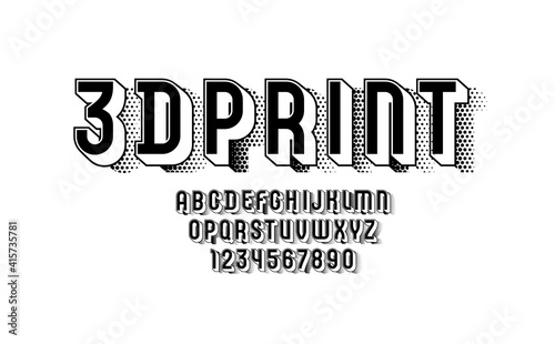3d black font, trendy graphic alphabet, modern letters and numbers with halftone effect, vector illustration 10EPS