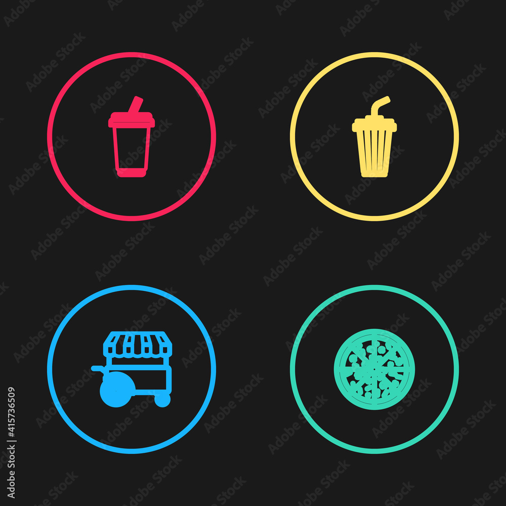 Set line Fast street food cart, Pizza, Glass with water and icon. Vector. Set line Fast street food cart, Pizza, Glass with water and icon. Vector.