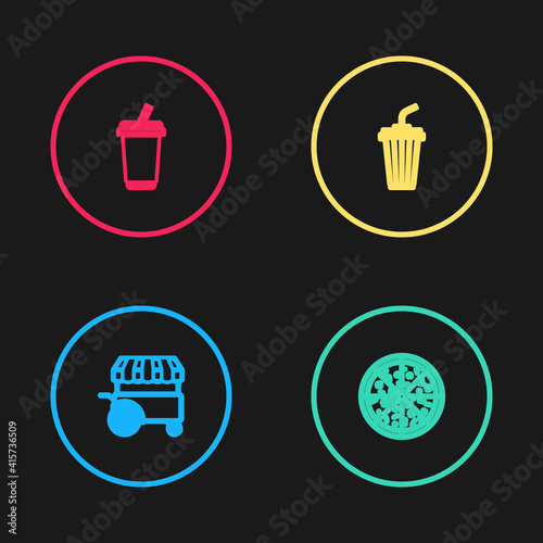 Set line Fast street food cart  Pizza  Glass with water and icon. Vector.