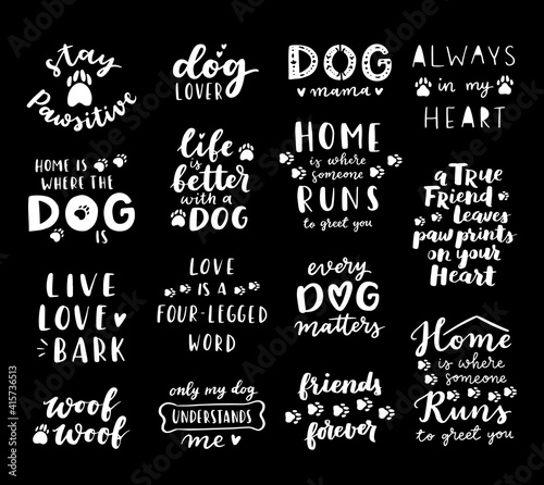 dog phrase black and white poster. Inspirational quotes about dogs. Hand written phrases about dog adoption. Adopt a dog. Saying about dogs.