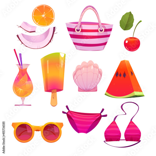 Cute summer stickers for girls, cartoon ice cream, pink bikini swimwear, watermelon and orange slices, cherry and beach bag, shell, sunglasses and coconut or shell vector set