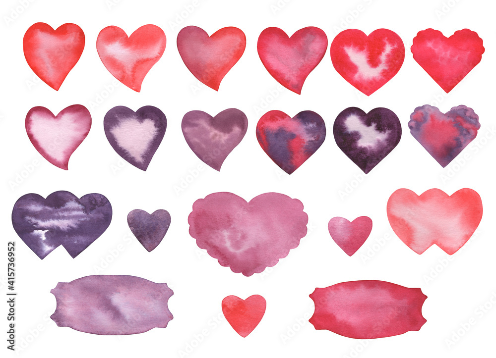 Watercolor Red and Violet Love Valentine's day Hearts